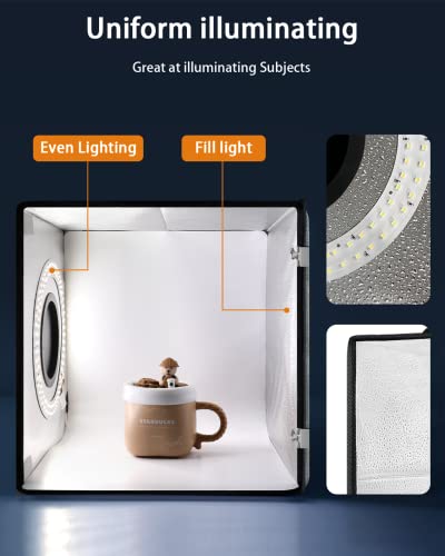 DUCLUS Light Box Photography, 12"x12" Photo Booth Box with 120 LED Lights Dimmable & CRI＞95, Portable Lightbox with 8 Backdrops for Mini Product Photography: Jewelry, Cards, Watches - size: 12 inches