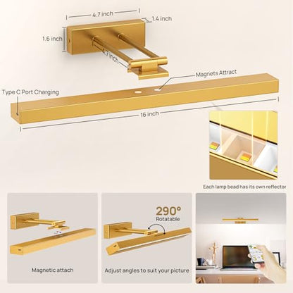 PESUTEN Picture Light Battery Operated, 16in Wireless Art Light for Paintings CCT Dimmable Recharging Battery Picture Light with Remote Control for Gallery Dartboard Art Bedroom Bathroom Gold - color: Gold