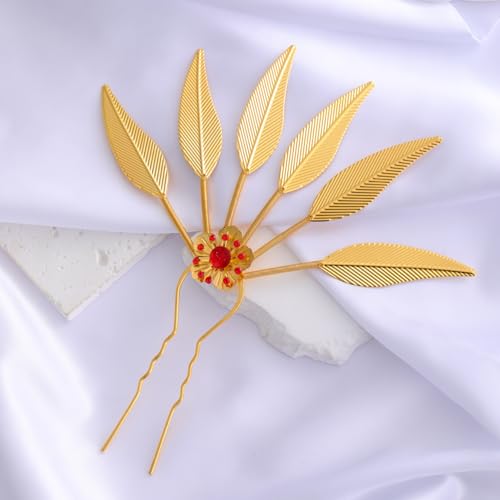 Lureme Thai Ethnic Hairpieces Alloy Leaf Hairpin with Rhinestones Hair Accessories for Women(hb000015-1) - color: gold with red strass