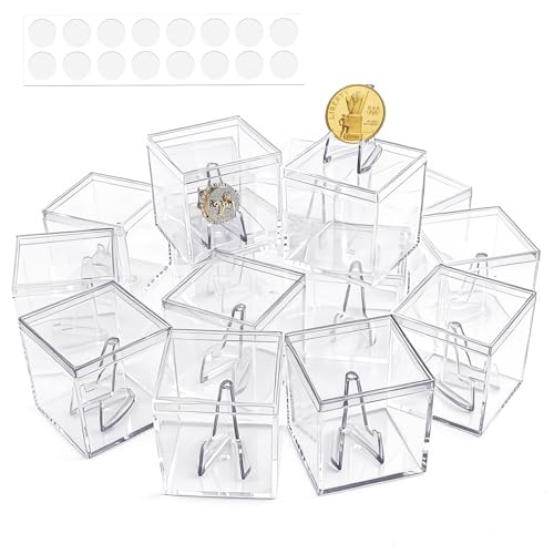 16 Pcs Championship Ring Display Case, 2.17 Inch Acrylic Single Ring Holder with Wooden Stand Base, Small Clear Football Baseball Rings Holder Display Box for Sports Fan Super Bowl Souvenirs