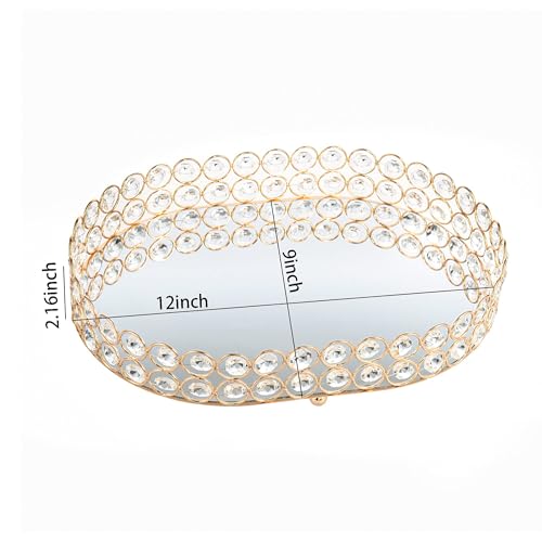 Feyarl Crystal Perfume Tray Vanity Makeup Organizer Ornate Jewelry Trinket Cosmetic Tools Decorative Skin Care Storage for Home Deco Dresser Bathroom Countertop (Oval 12" x 9") (Gold)