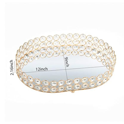 Feyarl Crystal Perfume Tray Vanity Makeup Organizer Ornate Jewelry Trinket Cosmetic Tools Decorative Skin Care Storage for Home Deco Dresser Bathroom Countertop (Oval 12" x 9") (Gold)