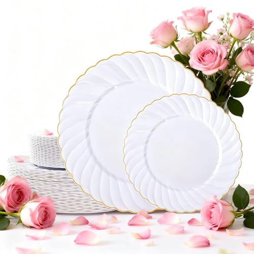 U-QE 60 Pcs White Plastic Plates with Gold Rim – Fancy Scalloped Plates Disposable - Premium Hard Plastic Plates Include 30 10" Dinner & 30 7" Dessert Plate for Party & Mother's Day - color: Gold
