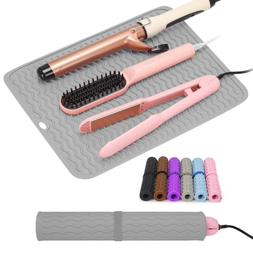 Oversize Silicone Heat Resistant Mat for Curling Irons, Flat Irons, Hair Straighteners and Hot Hair Styling Tools, Portable Wrap Pad Cover for Vanity, Travel, Salon(14.2" x 11.0") - color: Gray