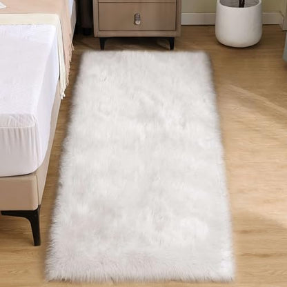 Goolela White Faux Fur Runner Rug 2x6 Faux Sheepskin Rug for Bedroom Fluffy Fuzzy Furry Bedside Rugs Shaggy Plush Washbale Rectangle - color: White, size: 2' x 6' (Rectangular)