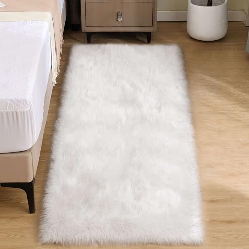 Goolela White Faux Fur Runner Rug 2x6 Faux Sheepskin Rug for Bedroom Fluffy Fuzzy Furry Bedside Rugs Shaggy Plush Washbale Rectangle - color: White, size: 2' x 6' (Rectangular)