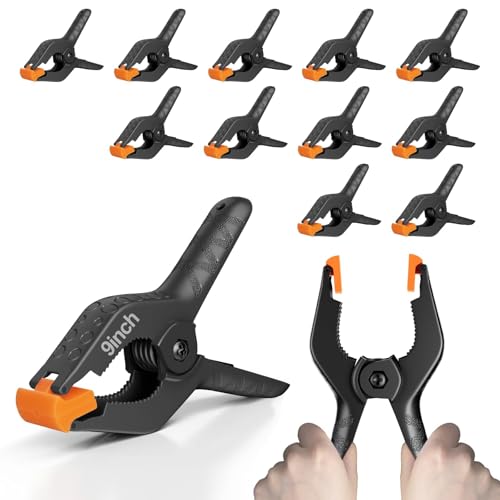 EMART 12 Pack Heavy Duty Spring Clamps 9 Inch Plastic Large Professional Backdrop Clips Clamps for Backdrop Stand, Photography Studio, Balloon arch, Photoshoot, Woodworking, Crafts, Pool Cover - color: Black and Yellow, size: 9inch