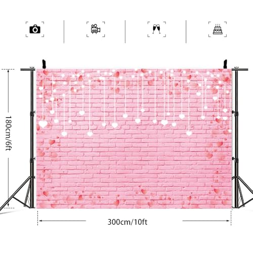 10x6ft Pink Brick Wall Backdrop Pink Love Heart Brick Texture Photography Background for Valentine's Day Bridal Shower Wedding Potrait Photo Booth Props - size: 10x6ft