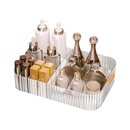 DASITON Large Capacity Makeup Organizer,12 Slots Makeup Brush Holder,Makeup Storage with Handle,Vintage Striped Cosmetic Organizer for Bathroom Countertops,Desk Storage Container(Clear) - color: Clear