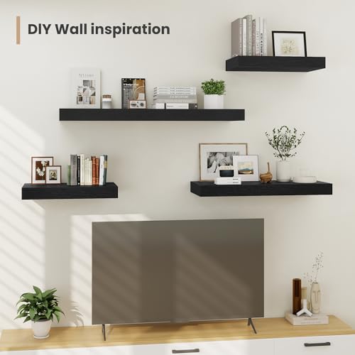 Heimlove 12 Inch Deep Floating Shelves, 48 x 12 inches Long Wall Shelf, Large Display Shelf & Storage Shelf, Rustic Wood Wall Shelves for Fireplace Mantel, Set of 2(Black) - color: Black, size: 48"W x 12"D x 2"H, Set of 2