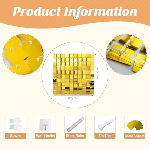 Gold Shimmer Wall Backdrop,Shiny Sequins,12Pcs Sequins Backdrop Panels, Glitter Bling Photo Background Decorations for Birthday Party Wedding Engagement Anniversary Graduation (Each 1FT², Total 12FT²) - color: Gold, size: 3 FT x 4 FT