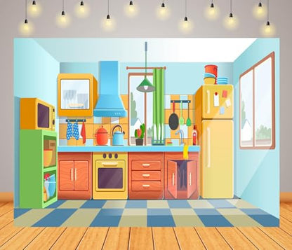 10x8ft Fabric Cartoon Kitchen Background Baking Cooking Party Decorations Kitchen Backdrops for Photography Bake Class Banner Baby Children Photoshoot Photo Props - size: 10x8ft