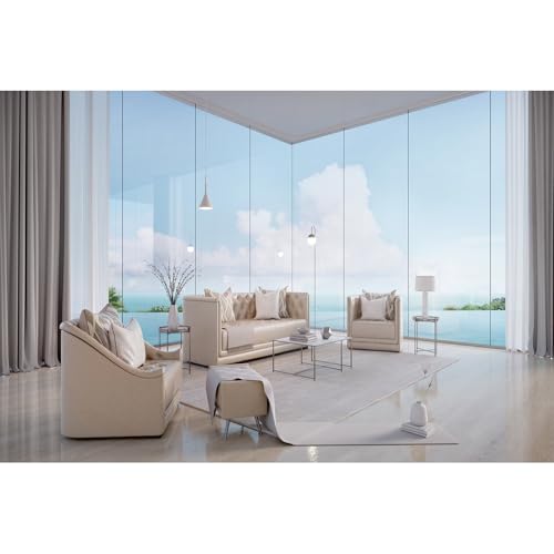 Modern Luxury Sea View Living Room Backdrop Beach Window Business Office Interior Photography Background Sea View Room Home Design New Lifestyle Backdrop Decors for Honeymoon Photo Props 7x5ft - color: Light Blue, size: 7x5ft