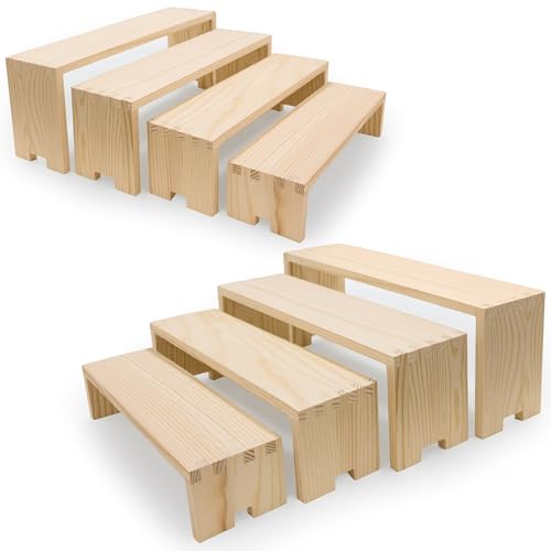 Yikaroeli 2 Set Large Wood Display Risers Wooden Riser Stands for Table Display Cupcake Stand Display Shelf 4Tiered 8Pcs Racks For Dessert Food Stands