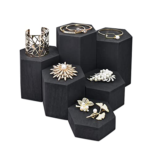 MOOCA Wooden 6 Pcs Hexagon Risers for Display Jewelry and Accessories Display Stand, Wooden Risers For Jewelry Figurine, Black Color - color: Black, 6 Pieces