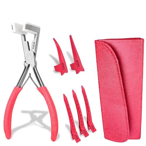 Beauty & Crafts Tape in Hair Extension Tools Kit with Flat Surface Stainless Steel Tape in Hair Extensions Sealing Clamp Plier, 2 Hair Parting Rings, 3 Hair Clips With Leather Pouch (Pink)