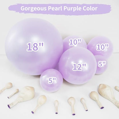 Double Pearl Purple Stuffed Balloons Different Size 115Pcs 5/10/12/18" Light Purple Balloon Arch Kit for Princess Birthday Baby Shower Bridal Shower Engagement Ocean Sea Frozen Theme Party - color: Pearl Purple
