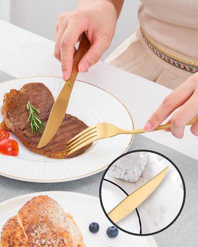 24-Pieces Matte Gold Silverware Set with Steak Knives,Stainless Steel Flatware Set,Cutlery Set Service for 6, Tableware Kitchen Utensil Set,Dishwasher Safe - color: Matte Gold, size: 24 Pieces Set
