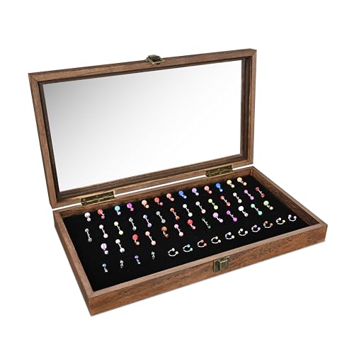 MOOCA Temper Glass Top Jewelry Display Case with Tempered Glass Lid and 54 Clip Body Jewelry Showcase Display Pad for Belly Button Rings, Tongue Rings, and Industrial Barbell Organizer, Brown Color - color: Black Pad with Brown Wood Case