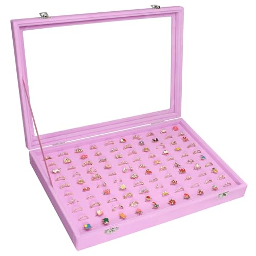 Vicoter Rings Organizer Tray 100 Slot Velvet Rings Earring Storage Box TranSparent Cover Jewelry Store Ring Display Box Jewelry Display Cabinet for Girl Wife Mother. - color: Pink