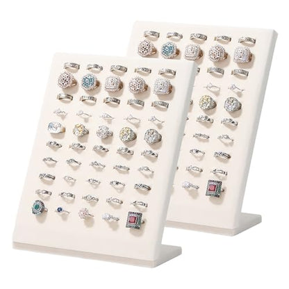 Ring Display Stand, Velvet Ring Holder, 50 Slots Rings Organizer Jewelry Display Tray, L-Shaped Jewelry Organizer Stand for Rings Earrings Selling (2, Beige) - color: Beige