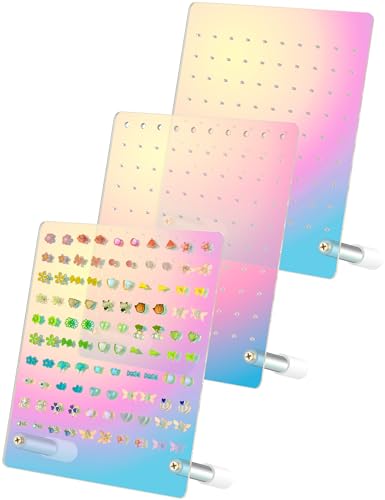 NiHome Acrylic Earring Stand 3PCS, Exquisite Double-Sided Acrylic Earring Organizer with 90 Holes Each - Lightweight and Sturdy Material, Unique Design with Larger Holes for Special Sizes - color: Iridescent-Cylindrical Base