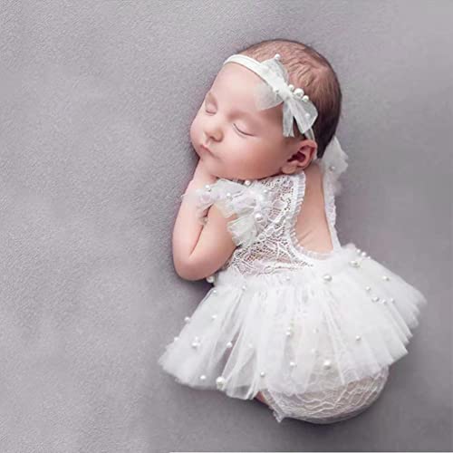 Newborn Photography Props Outfits Princess Baby Girl Pearl Lace Rompers Headdress Infant Baby Girl Photoshoot Costume - color: White