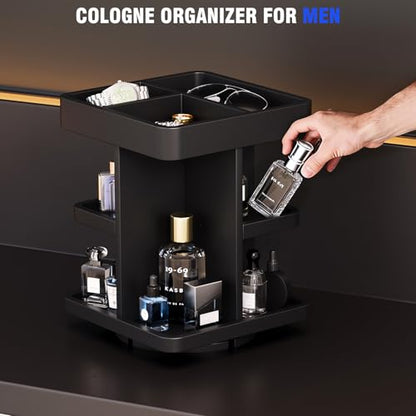 3-Tier Rotating Cologne Organizer for Men, Large-Capacity Wooden Perfume Display Stand for Desk & Nightstand, Rounded Corner Design, Birthday Gift for Men (Black)