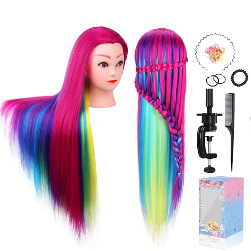 Mannequin Head with Hair, Beauty star 29" Cosmetology Doll Head for Hair Styling to Practice on, Hairdressing Training Braiding Heads with Clamp Stand Holder Kit - color: Hot Pink