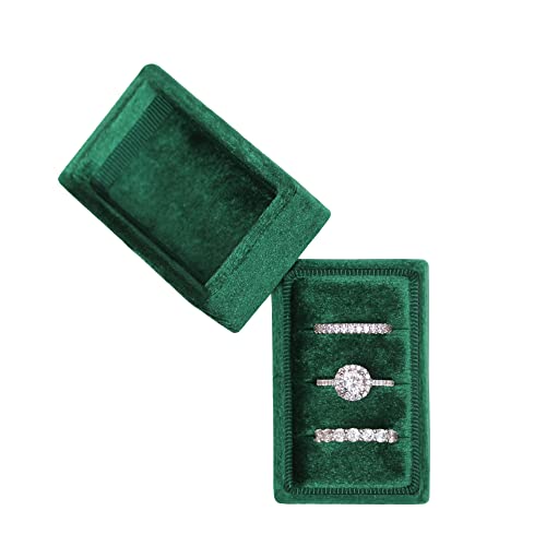 Rectangle 3 Slots Italian Velvet Jewelry Box Engagement Wedding Photo Ring Box Keepsake Box Triple Ring Gift Box (Dark Emerald) - color: Dark Emerald