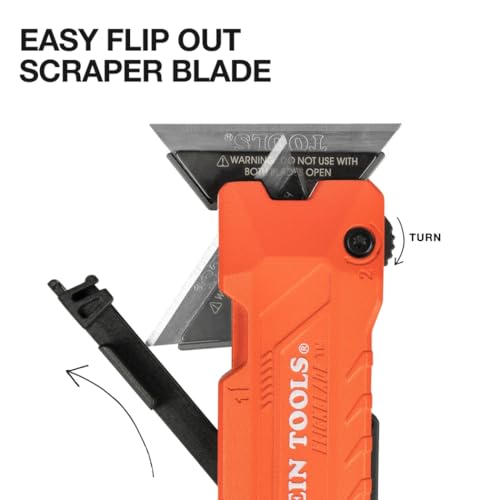 Klein Tools 44306 FLICKBLADE 2-in-1 Folding Utility Knife and Scraper with Built-In Blade Storage, Dual Locking Positions, Includes 3 Triple-Ground Carbon Steel Blades - style: Flickblade w/ Scraper