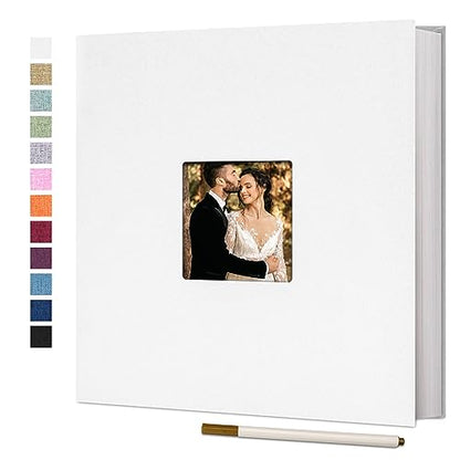 Vienrose Large Photo Album Self Adhesive for 4x6 8x10 Pictures Linen Scrapbook Album DIY 60 Blank Pages with A Metallic Pen - color: White, size: 11"x10.6" 60Pages