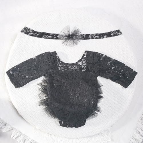 Newborn Photography Outfits Girl Baby Photography Props Lace Romper with Headress Newborn Outfits Girls Photo Props - color: Black
