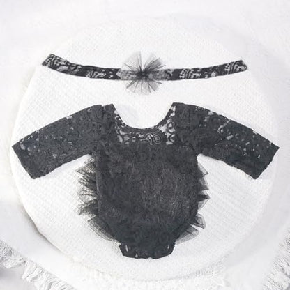 Newborn Photography Outfits Girl Baby Photography Props Lace Romper with Headress Newborn Outfits Girls Photo Props - color: Black