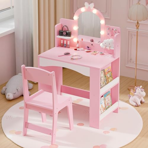 MU Kids Vanity with Lights, Princess Makeup Vanity Table and Chair Set for Girls, Toddler Vanity Desk with Open Bookshelf, Storage Cabinet & Shelves, Stools, Pink - color: Pink