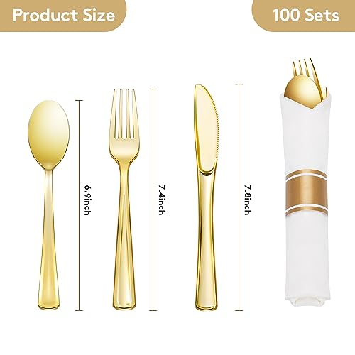 Goodluck 100 Pack Pre Rolled Gold Plastic Silverware, Wrapped Plastic Cutlery Set with Napkin Include 100 Forks, 100 Knives, 100 Spoons and 100 Napkins, Disposable Silverware for Party, Wedding - size: 100pc, style: Gold