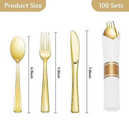 Goodluck 100 Pack Pre Rolled Gold Plastic Silverware, Wrapped Plastic Cutlery Set with Napkin Include 100 Forks, 100 Knives, 100 Spoons and 100 Napkins, Disposable Silverware for Party, Wedding - size: 100pc, style: Gold