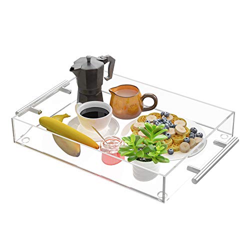 Richboom Clear Acrylic Serving Tray 16"x12" - Coffee Table Living Room Kitchen Decorative Tray with Silver Metal Handles, Bathroom Vanity Tray Perfume Cosmetic Storage Organizer - size: 16" x 12" x 2"