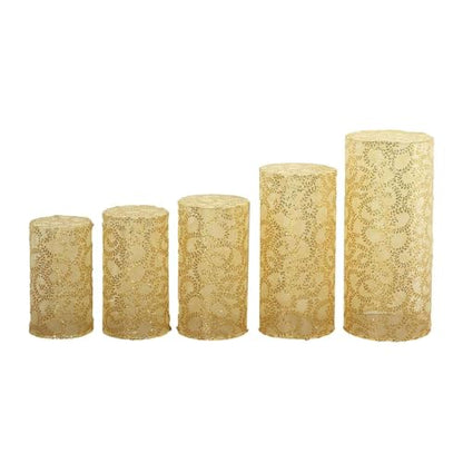 Efavormart Set of 5 Gold Sequin Mesh Cylinder Display Box Stand Covers with Leaf Vine Embroidery, Sparkly Sheer Tulle Pedestal Pillar Prop Covers - color: Gold, size: Sequin Mesh Cylinder Covers - Leaf Pattern