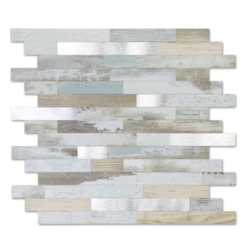 Yipscazo 10 Sheets Peel and Stick Stone Metal Tile Backsplash, Stick on Tiles for Backsplash Kitchen, Bathroom, Laundry Room, Camper, Fireplace (12'' X 12'', White Wood with Metal) - color: White Wood With Metal