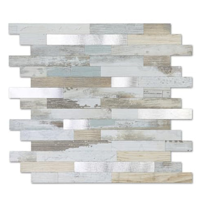 Yipscazo 10 Sheets Peel and Stick Stone Metal Tile Backsplash, Stick on Tiles for Backsplash Kitchen, Bathroom, Laundry Room, Camper, Fireplace (12'' X 12'', White Wood with Metal) - color: White Wood With Metal