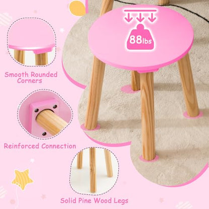 Costzon Kids Vanity Set, Girls Vanity Set with Mirror and Stool, 2 Large Drawers, Storage Shelf, Wooden Princess Makeup Dressing Table, Vanity Table and Chair Set for Toddlers (Pink) - style: Pink with Square Mirror