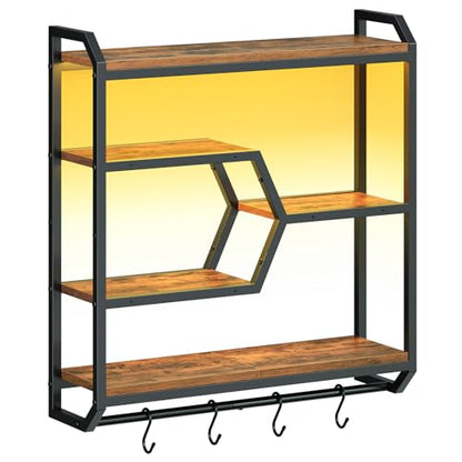 HOOBRO 27.5" Floating Shelf with LED Lights, Gaming LED Wall Mounted Shelf with Hanging Rod & 4 S-Hooks, 4-Tier Hanging Display Rack, for Living Room, Gaming Room, Rustic Brown and Black BF71DBJ01 - color: Rustic Brown + Black