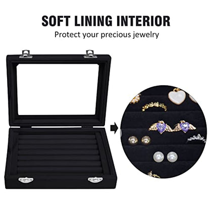 Vicoter Rings Organizer Tray 7 Slots Velvet Jewelry Earring Storage Box with Transparent lid Jewelry Display Case for Girls Wife Mom Women (Black) - color: Black