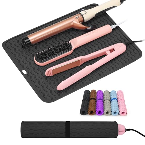 Oversize Silicone Heat Resistant Mat for Curling Irons, Flat Irons, Hair Straighteners and Hot Hair Styling Tools, Portable Wrap Pad Cover for Vanity, Travel, Salon(14.2" x 11.0") - color: Black