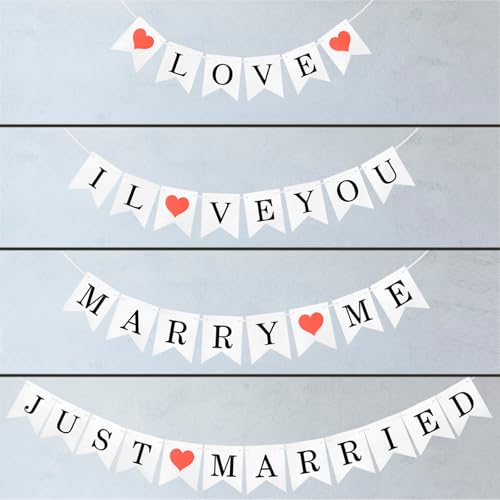 Just Married Banner Wedding Decorations, Marry Me, I Love You, LOVE Banners (4 Sets, 5.7x4.7 inches, White Paper) - color: White Paper (4 banner sets)