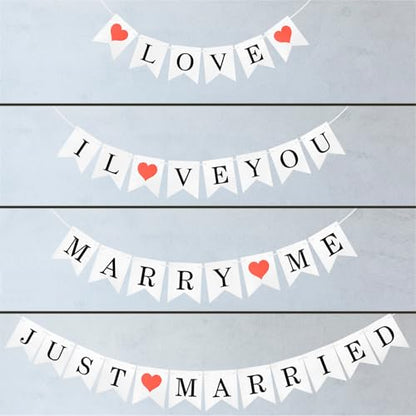 Just Married Banner Wedding Decorations, Marry Me, I Love You, LOVE Banners (4 Sets, 5.7x4.7 inches, White Paper) - color: White Paper (4 banner sets)