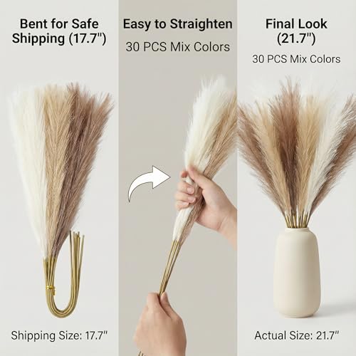 Pampas Grass Decor 21.7 Inch 30pcs, Faux Pampas Grass White Beige Brown Ultra Fluffy No Shedding for Boho Home Bedroom Wedding Vase Filler Dried Flower Arrangement - size: White Beige Brown