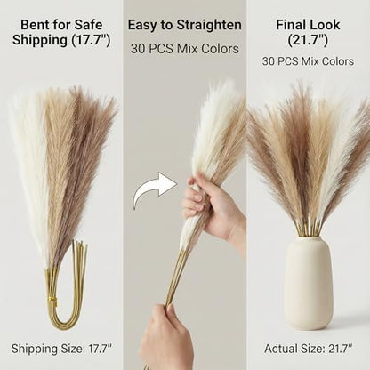 Pampas Grass Decor 21.7 Inch 30pcs, Faux Pampas Grass White Beige Brown Ultra Fluffy No Shedding for Boho Home Bedroom Wedding Vase Filler Dried Flower Arrangement - size: White Beige Brown