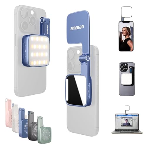 Magnetic Selfie Phone Light,Amaran Go Dual LED Light Source with Adjustable Mirror Light CCT 2700K-6500K,Rechargeable for Selfie,Makeup,Video Conference,TikTok,for iPhone & Android (Blue) - color: Blue